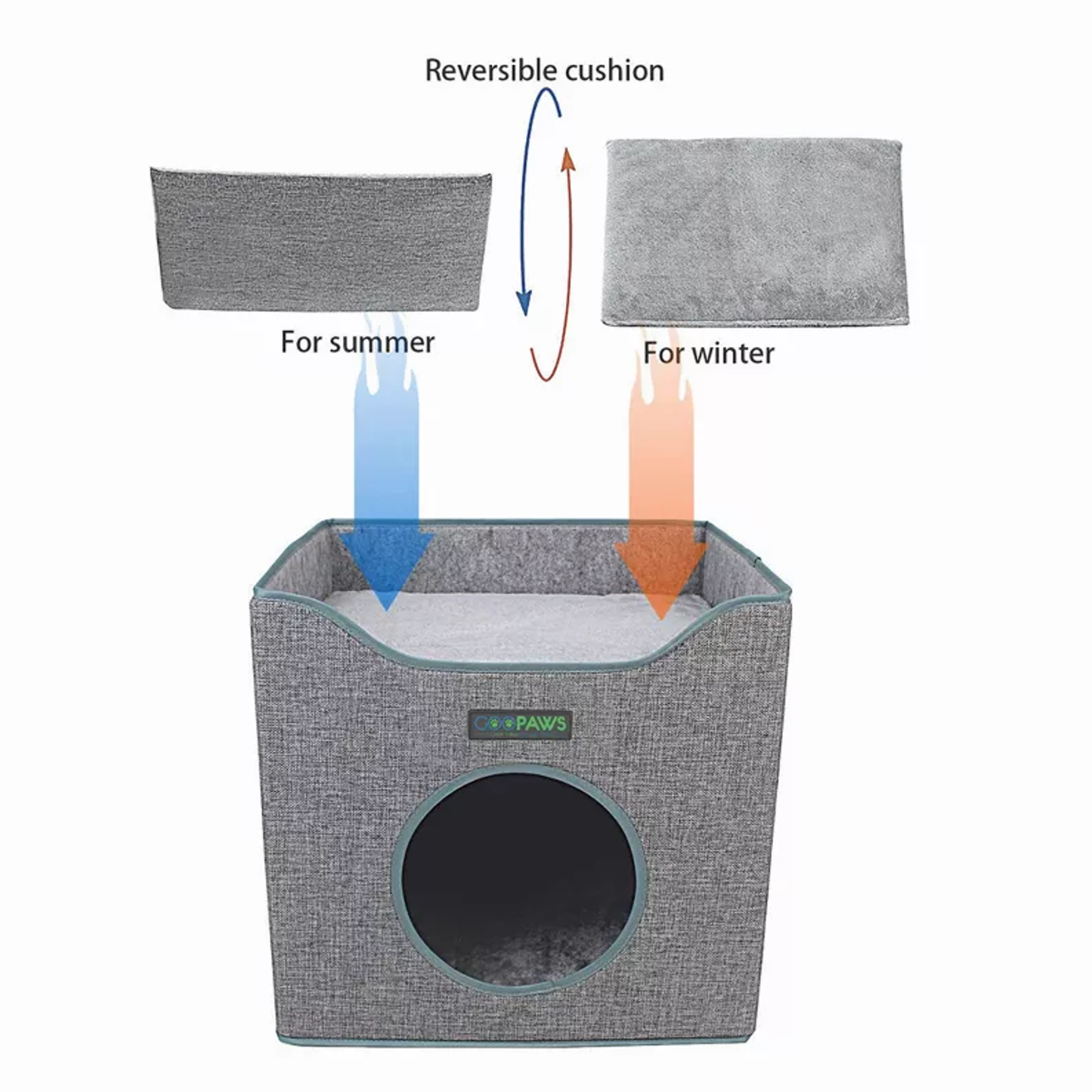 JESPET Foldable Cat Condo, Cat Cube House & Sleepping Bed with Lying Surface and 2 Reversible Cushions, Cat Hiding Place, Cat Cave, Linenette Fabric, Felt and Engineered Wood, Scratch Resista