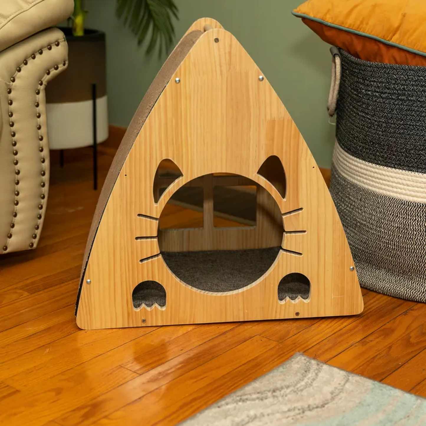 Medium Triangular Natural Solid Wood Cat Condo S2106