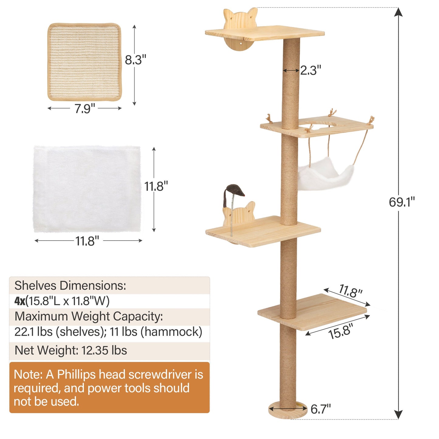 Wall-Mounted Cat Scratching Pad for Small to Large Cat, Indoor Wood